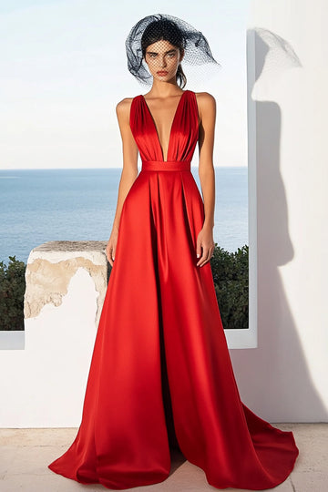 Simple Red Satin V Neck A Line Long Formal Dress